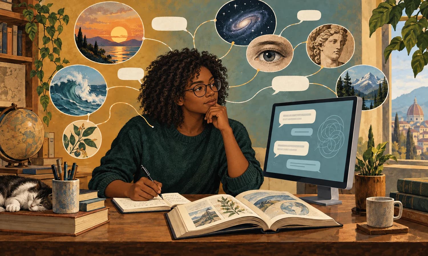 Illustration of a young Black woman wearing glasses and taking notes beside books and an AI conversation, with connections between different fields of knowledge