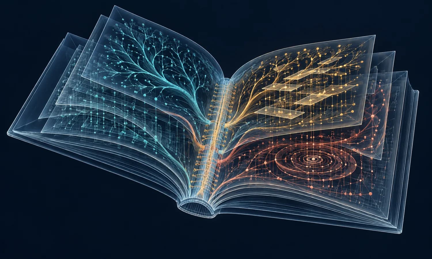 Translucent book with interconnected colored networks across its pages