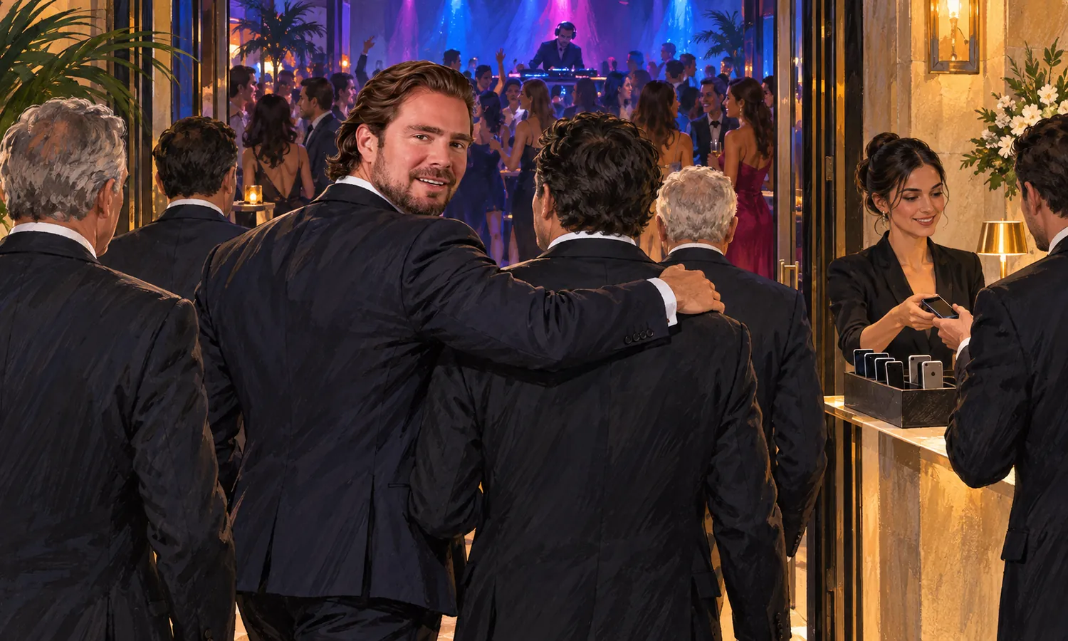 Cena ilustrativa imaginada de Daniel Vorcaro entrando em uma festa com convidados, enquanto uma recepcionista recebe celulares