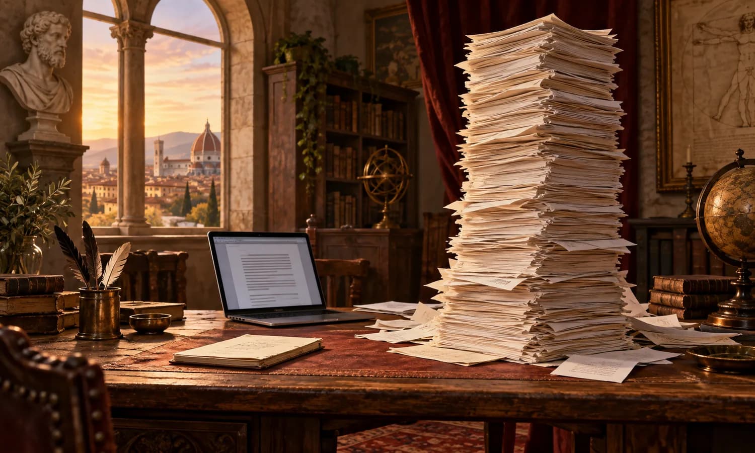 A compact manuscript beside a tower of pages in a study