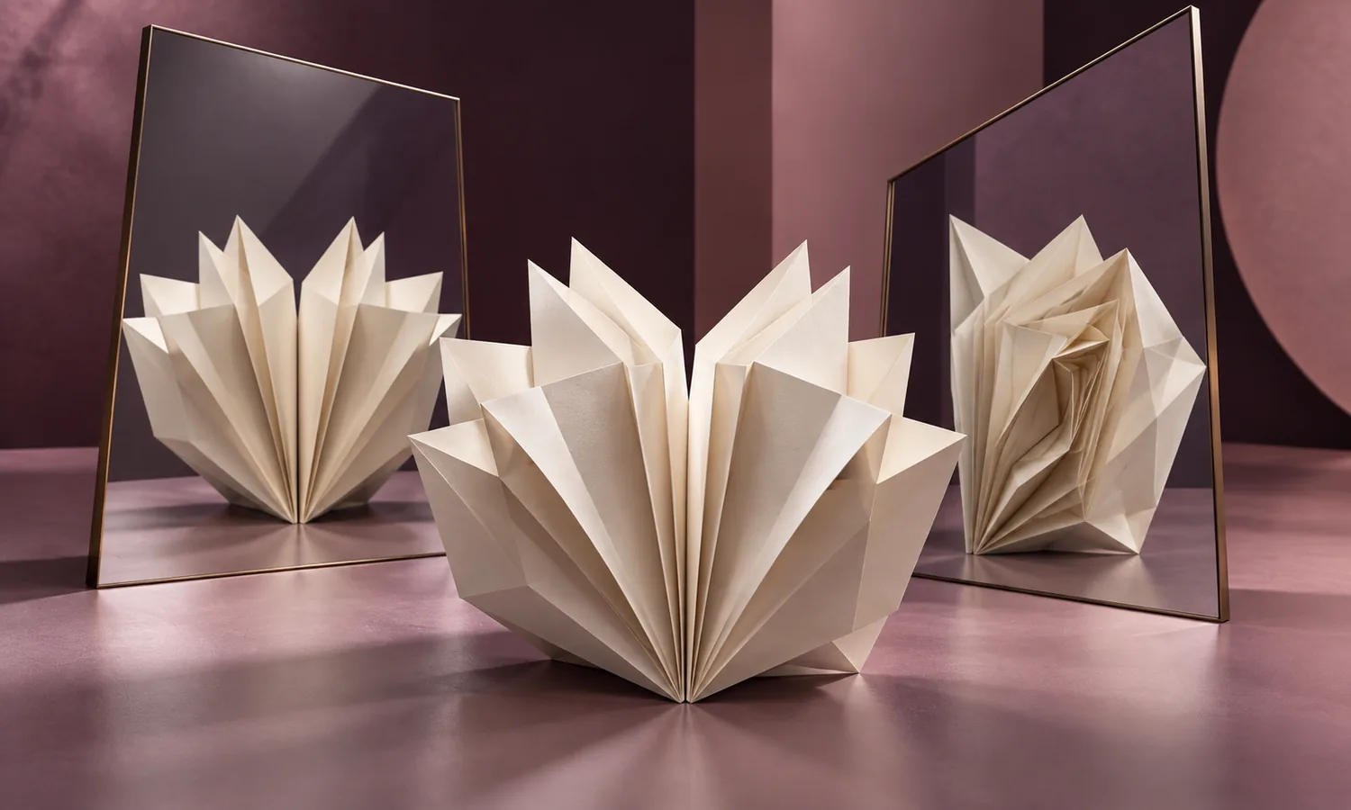 A paper sculpture seen from different angles in two mirrors