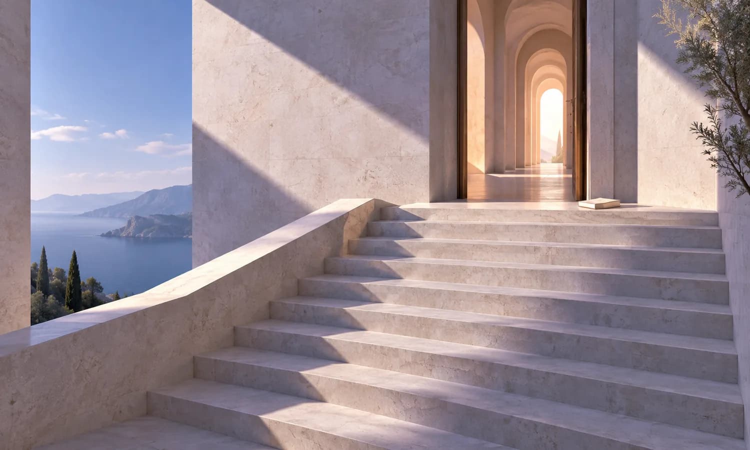 A staircase leads to another passage, with a book on the landing