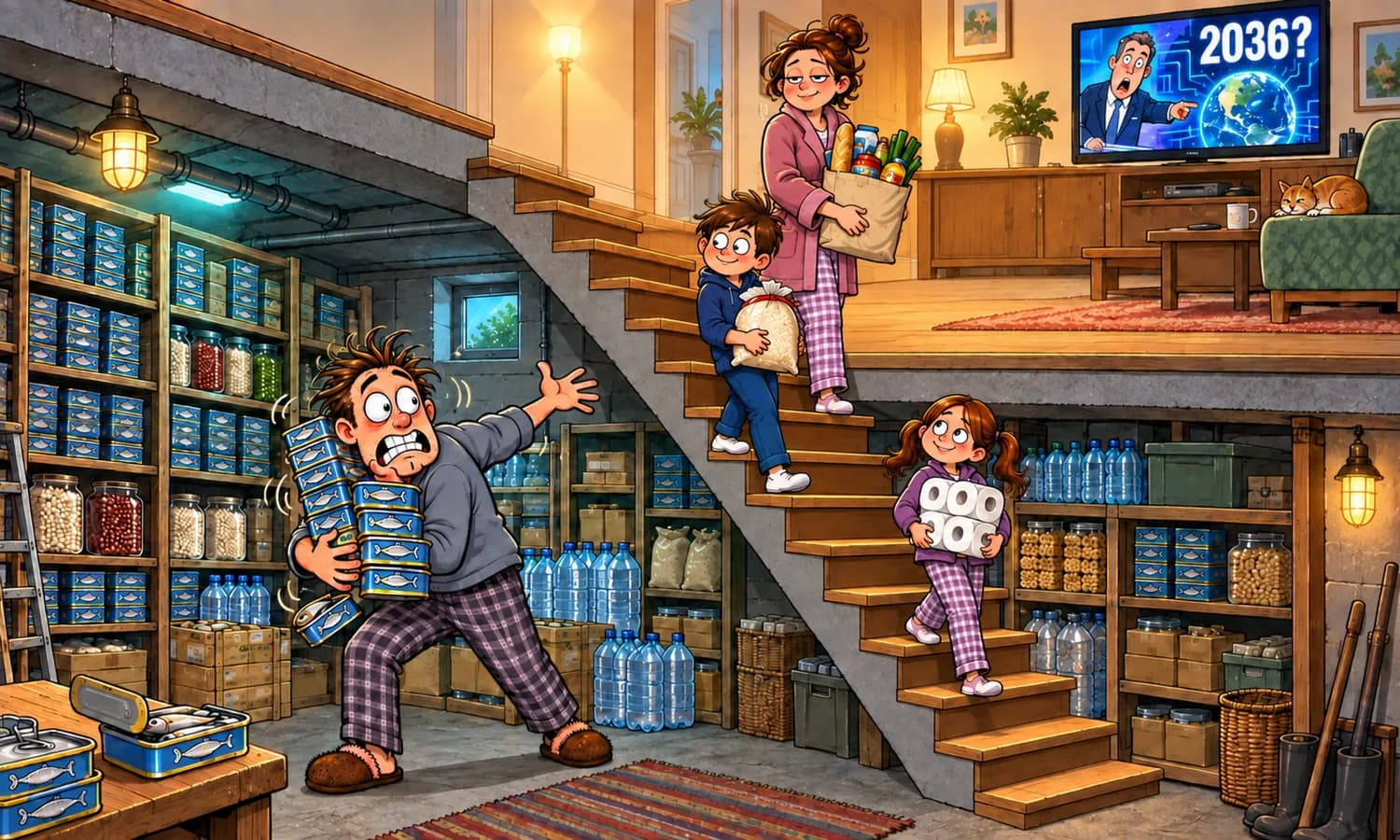 Caricatura de um pai aflito estocando sardinhas no porão enquanto a família traz mantimentos e a televisão exibe 2036?