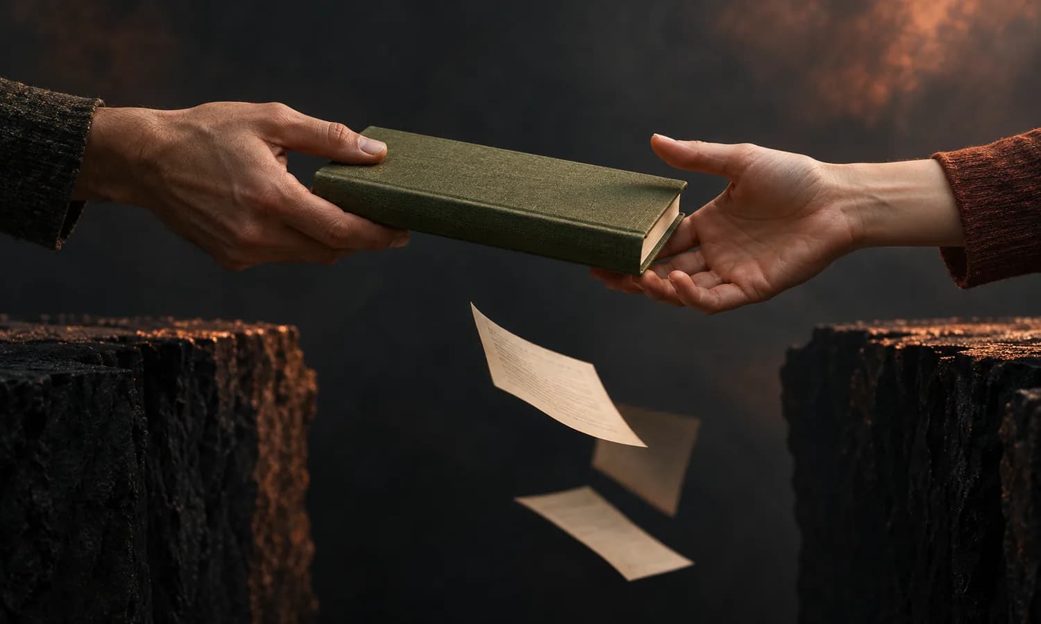 Two hands pass a book as a few pages slip away
