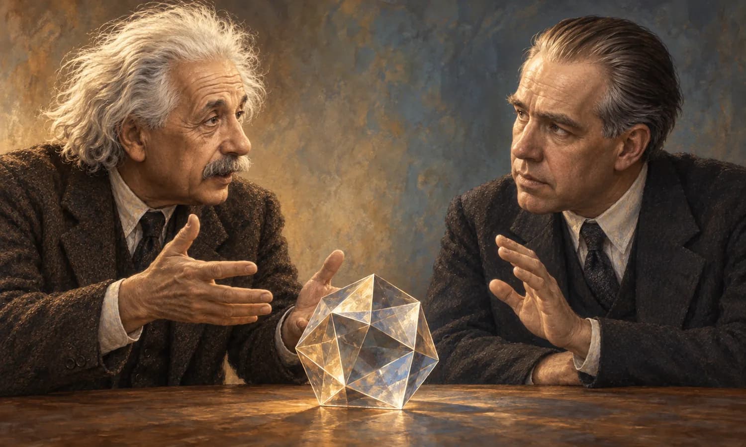 Ilustração de Einstein e Bohr observando um mesmo objeto geométrico por perspectivas diferentes
