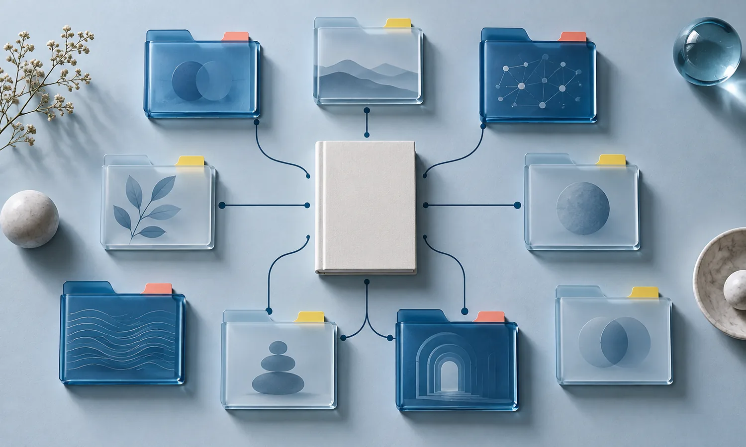 Nine folders connected to a book, representing its external memory