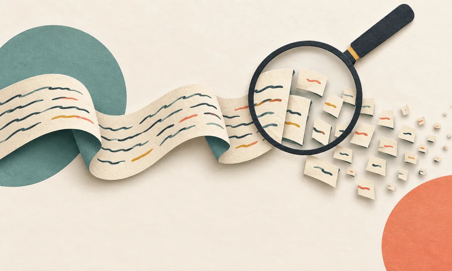 A magnifying glass reveals a paper ribbon breaking into small fragments