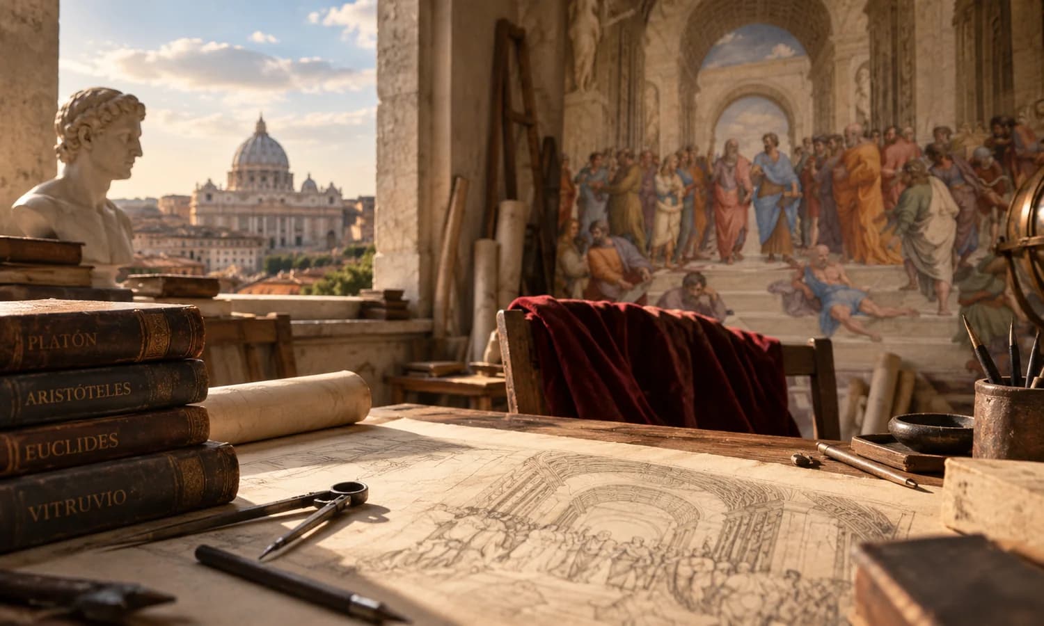 A writing studio overlooking The School of Athens