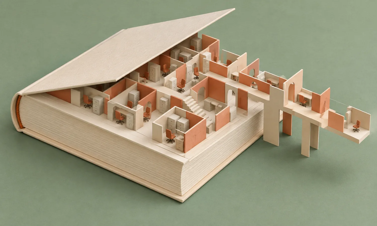 Miniature offices expanding beyond the pages of a book