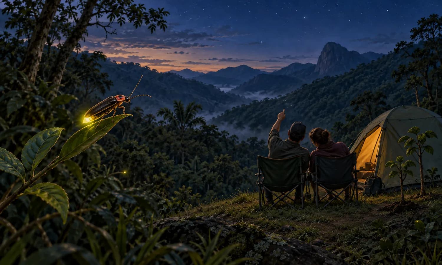 Ilustração de um vagalume luminoso e um casal junto a uma barraca diante de montanhas cobertas pela mata ao anoitecer