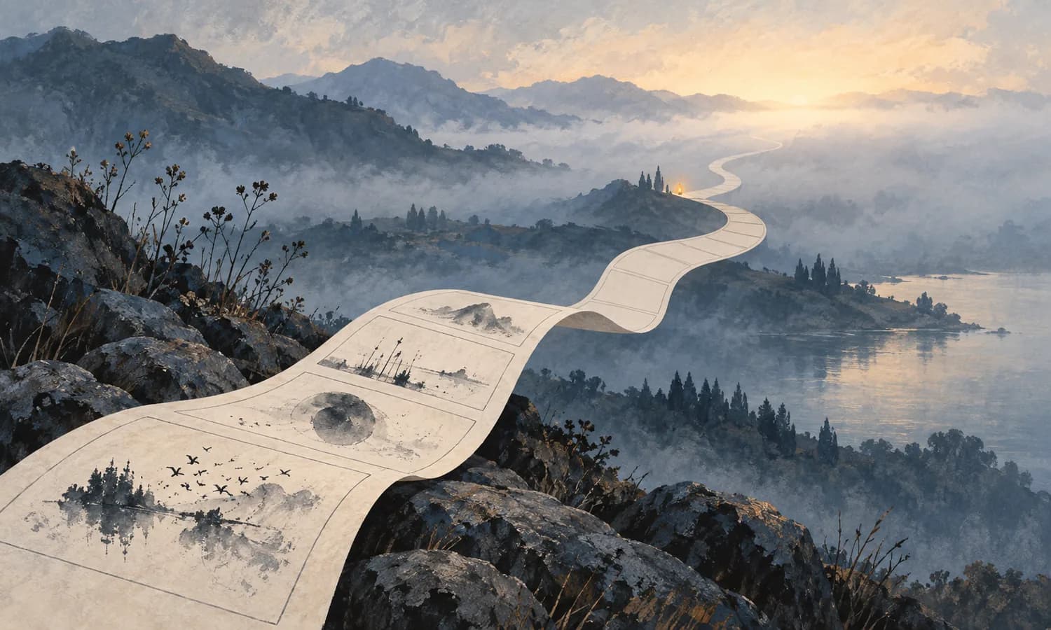 Ribbon of illustrated scenes becoming a path that disappears into mist