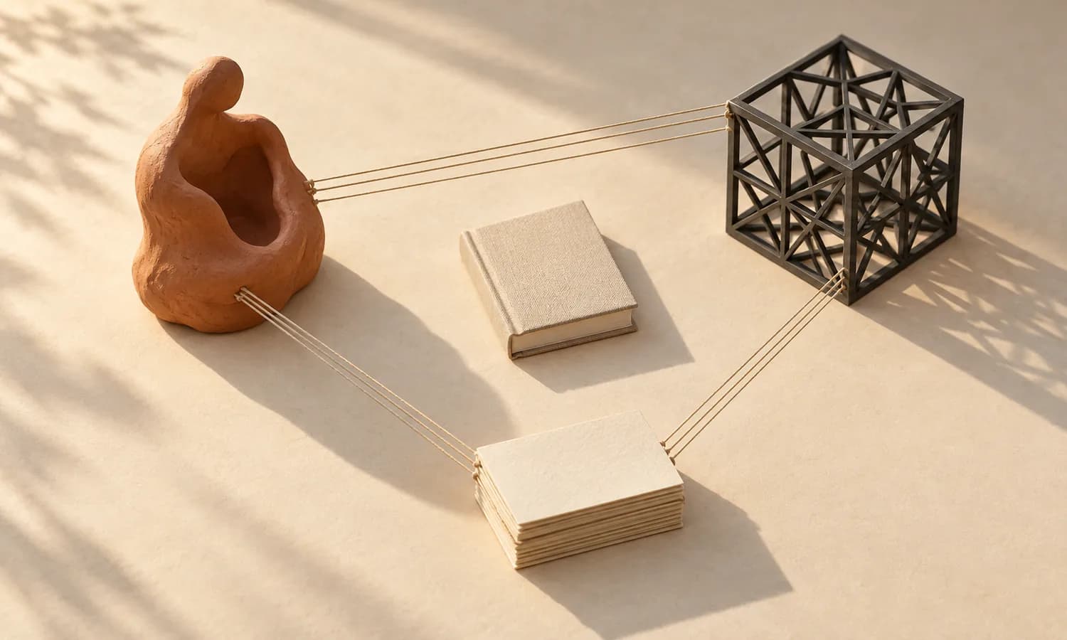 Terracotta form, geometric cube, and documents connected by threads around a book