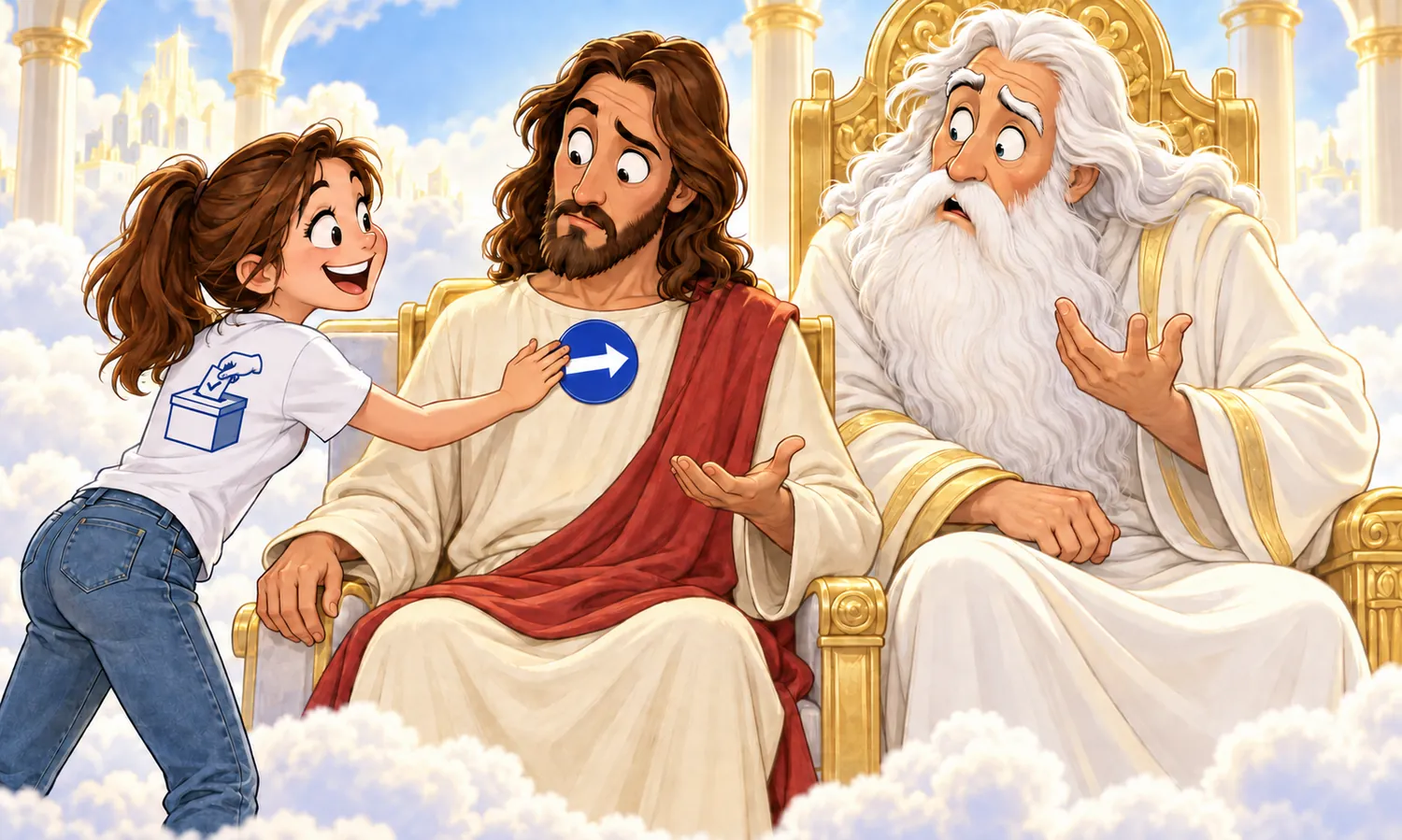 Caricatura de uma menina com camiseta eleitoral colocando uma seta no peito de Jesus, enquanto ele e Deus observam confusos