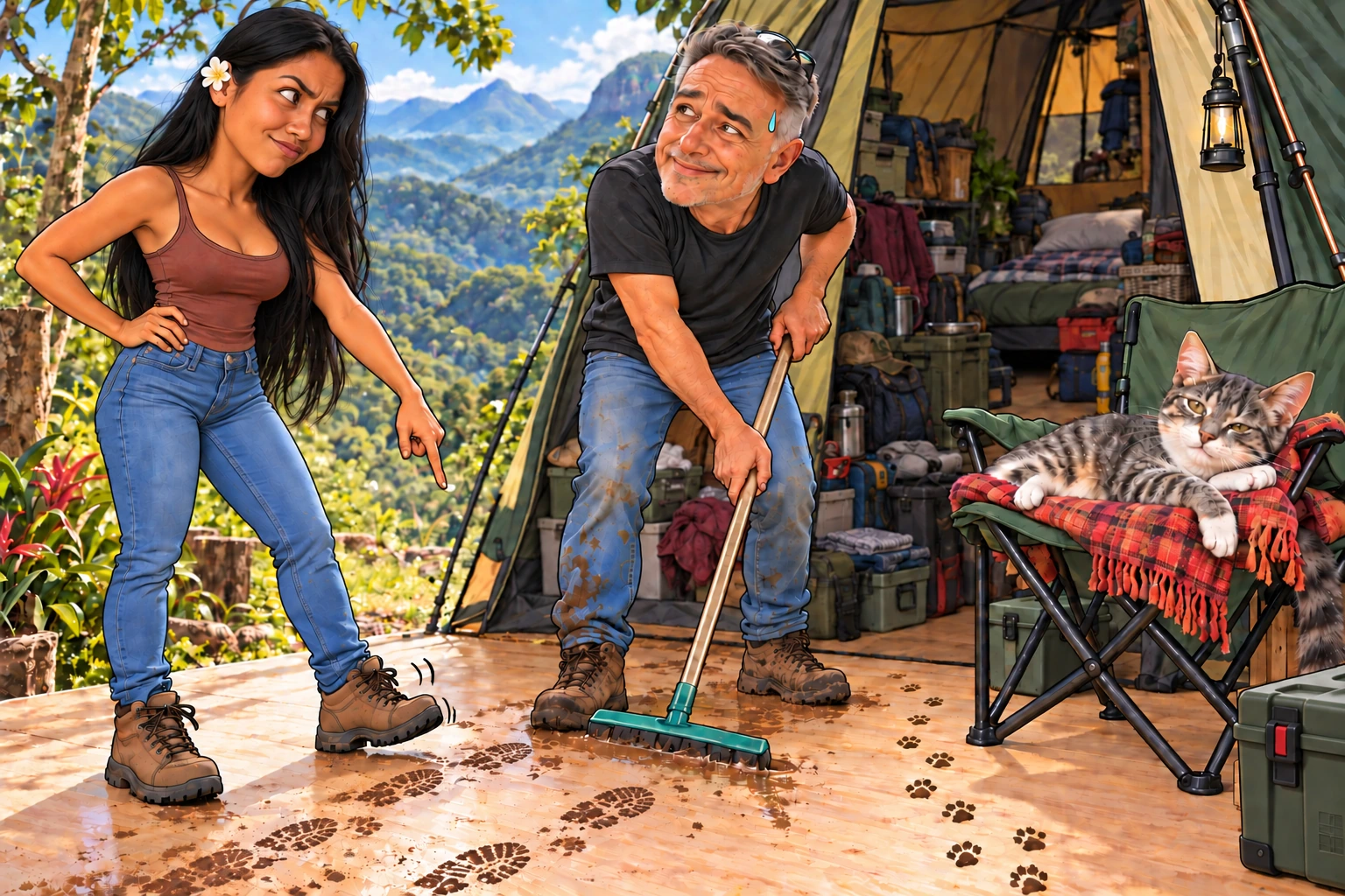 Caricature of Marcelly pointing at muddy boot prints while Jumas cleans the tent entrance; their cat relaxes on a camping chair beside its own muddy paw prints.