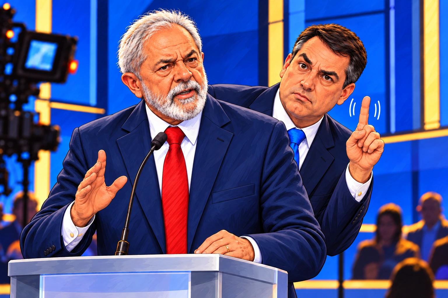 Editorial illustration of Lula addressing television viewers with a visibly bothered expression while Flávio Bolsonaro makes faces behind him and wags his index finger toward the camera in disagreement.