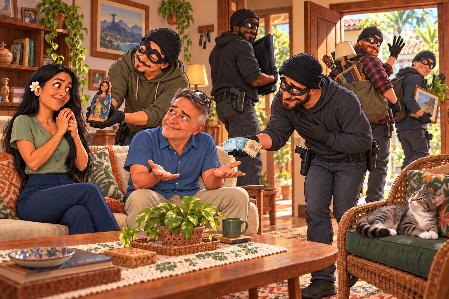 Cartoon of Jumas in a blue shirt and his wife in a green blouse facing five polite robbers returning a gift and money; their cat watches suspiciously while reclining on an armchair.