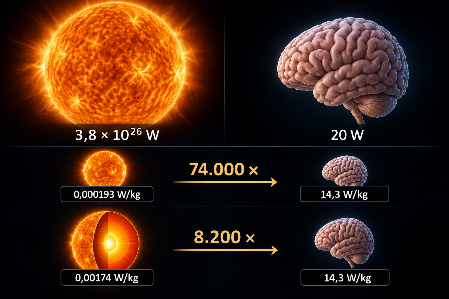 Three rows with the Sun on the left and the brain on the right: total power and two comparisons by mass, with arrows and numerical ratios.
