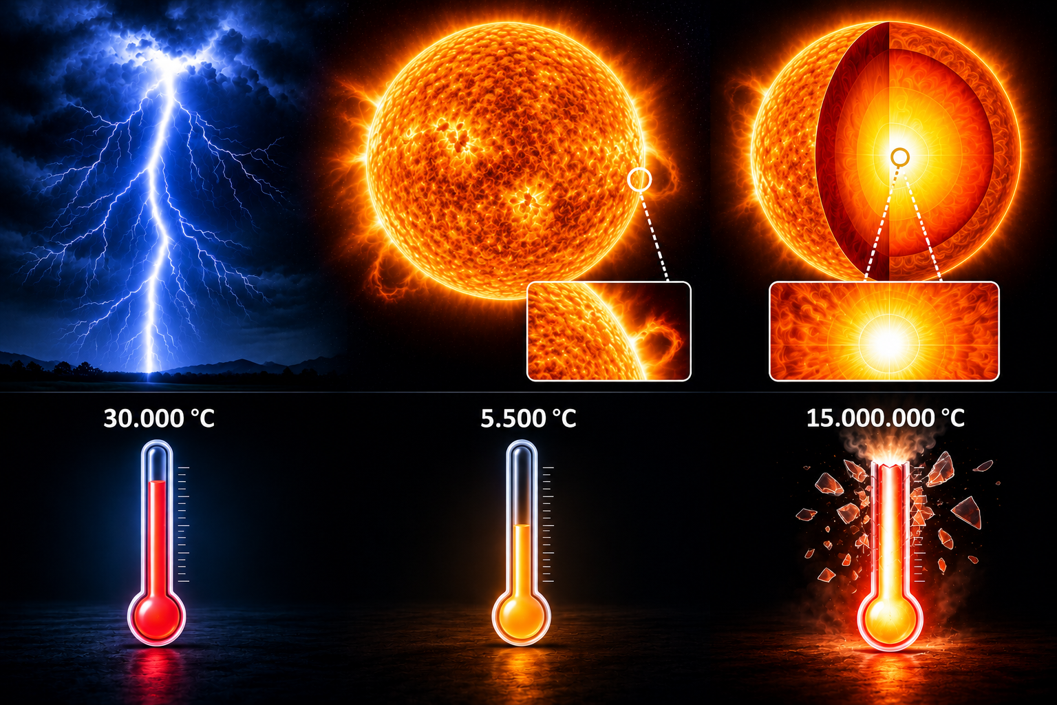 Lightning, the Sun’s surface, and the solar core side by side above three illustrative thermometers.