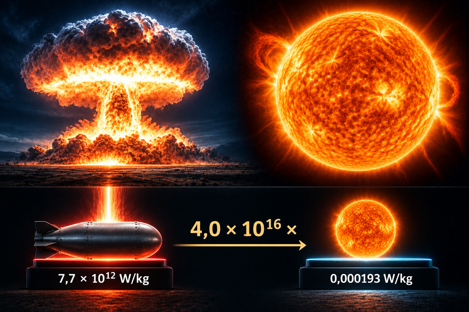 Thermonuclear explosion and Sun; below, a bomb and a smaller Sun with power-per-mass values and a comparison arrow.