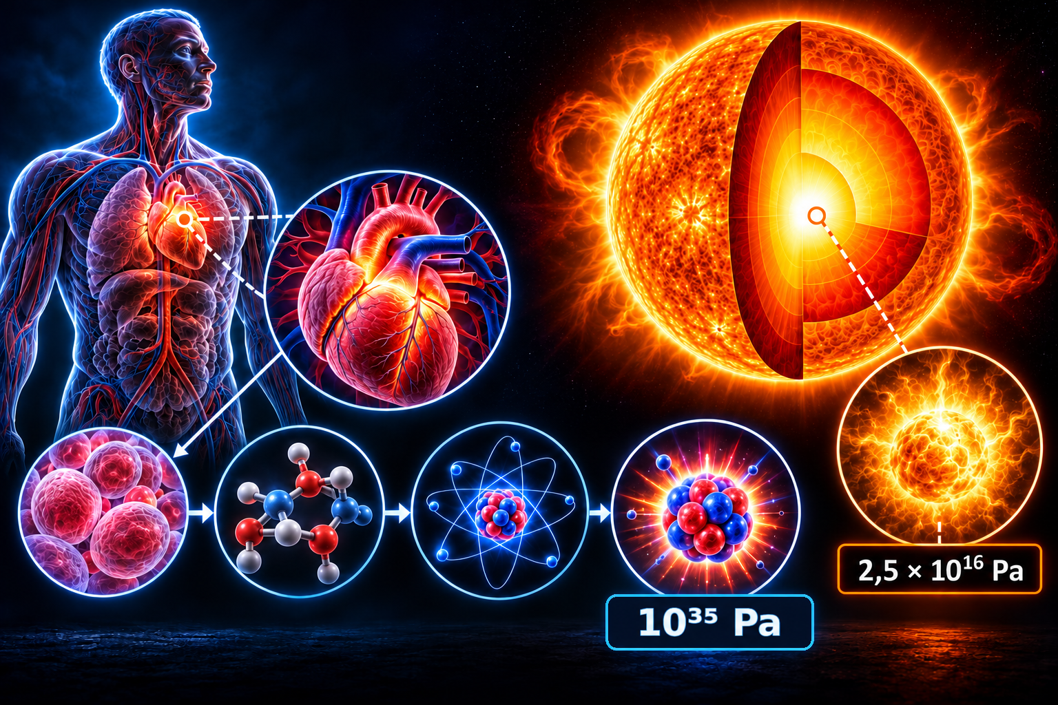 Human body with close-ups of the heart, cells, molecules, atoms, and protons, beside a cutaway of the Sun.