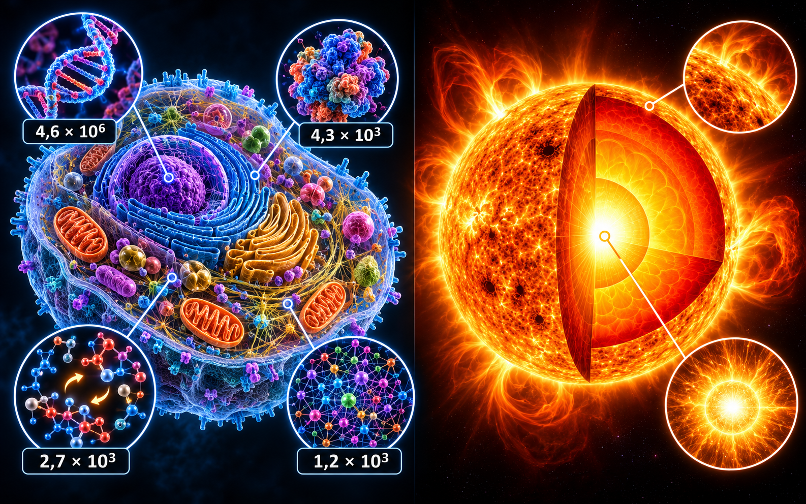 Schematic cell with close-ups of DNA, proteins, and molecular networks, beside the Sun’s structure.