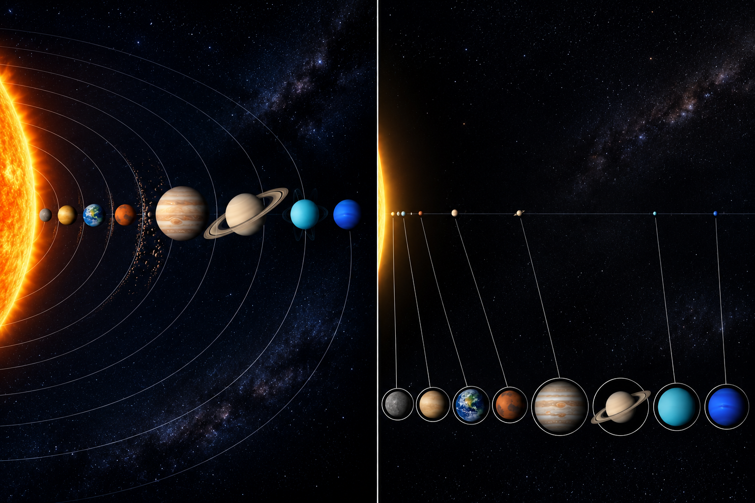 Two solar system panels: large, closely spaced planets on the left; distant points with enlarged identification views on the right.