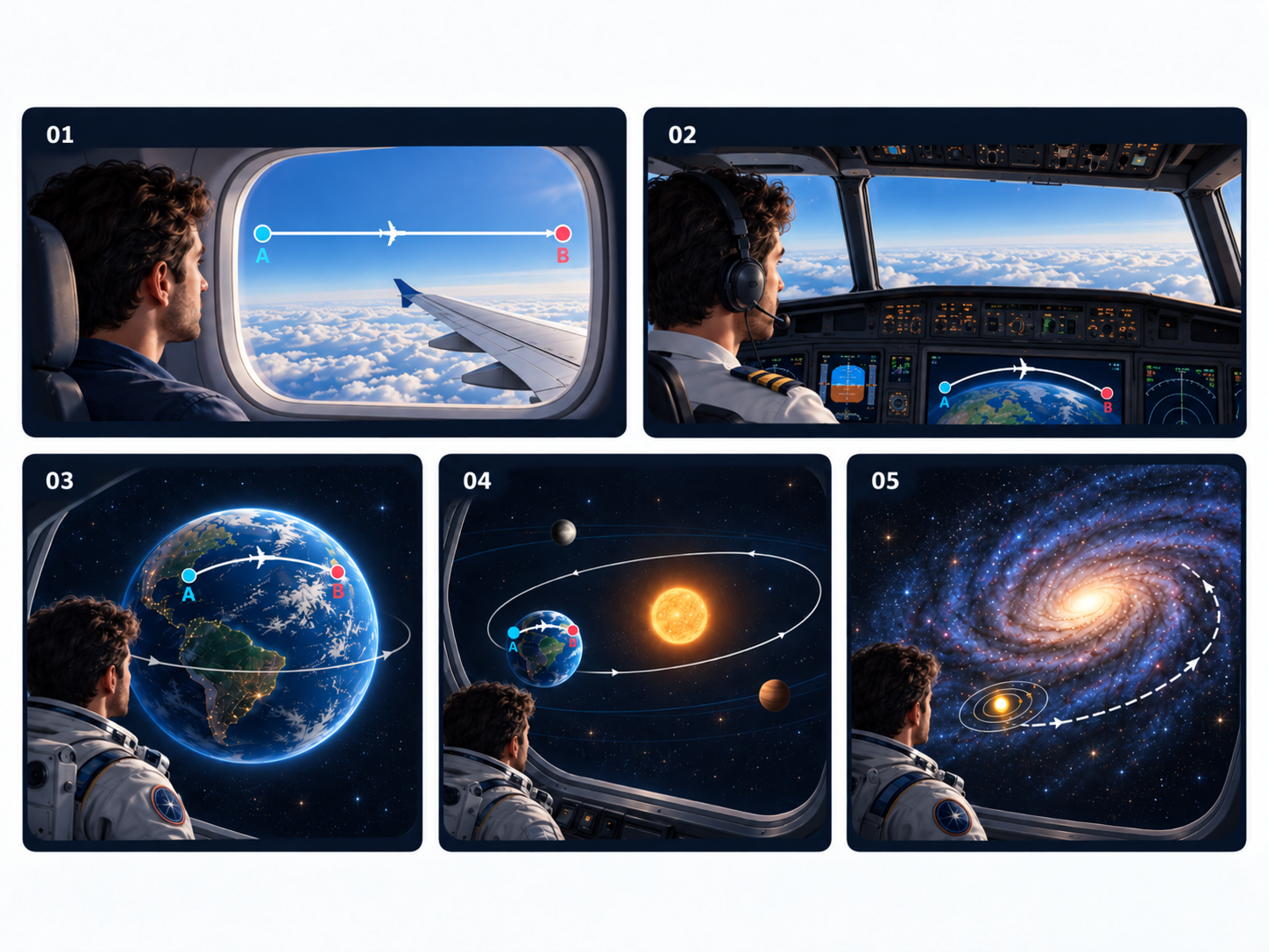 Five numbered panels show a passenger, a pilot, Earth, the solar orbit, and the Milky Way; A and B mark the same journey.