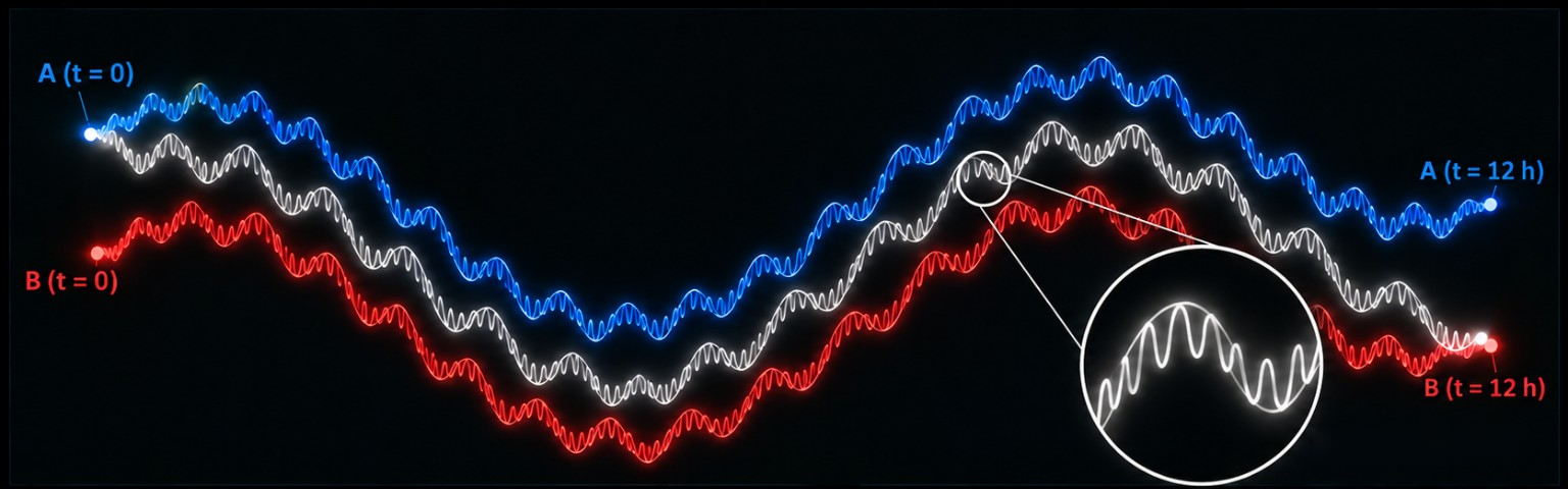 Three undulating trails in blue, red, and white, with a circular enlargement of part of the white trail.
