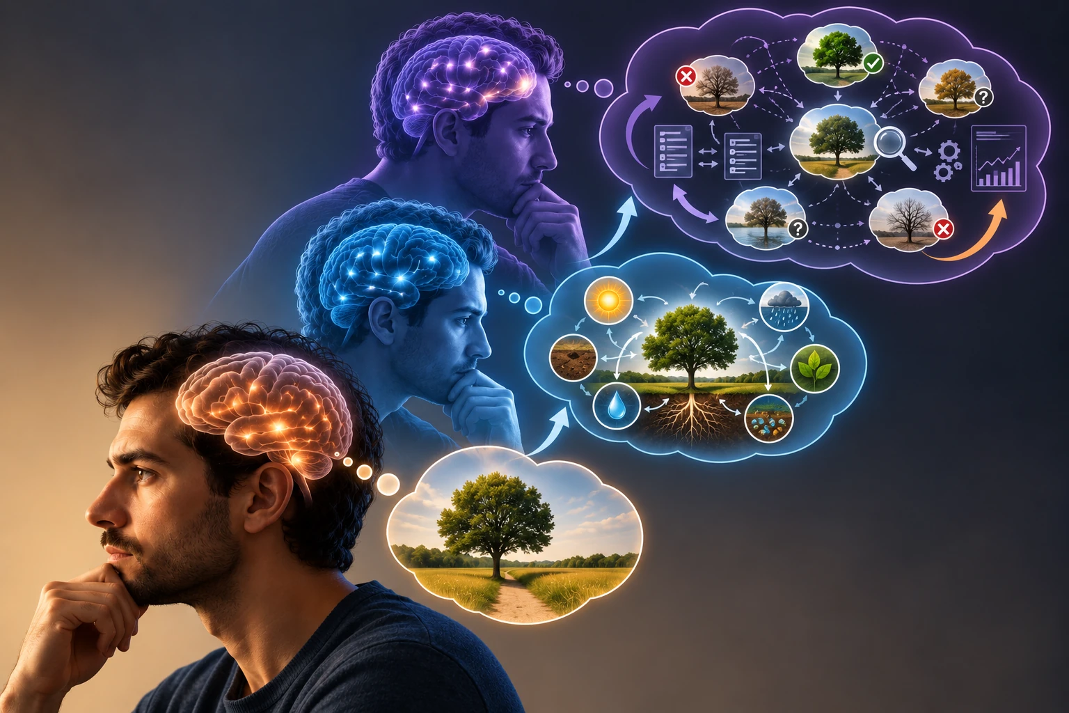 The same person at three overlapping levels: a tree as a thought, relationships between the tree and its environment, and the review of alternative explanations about the tree.