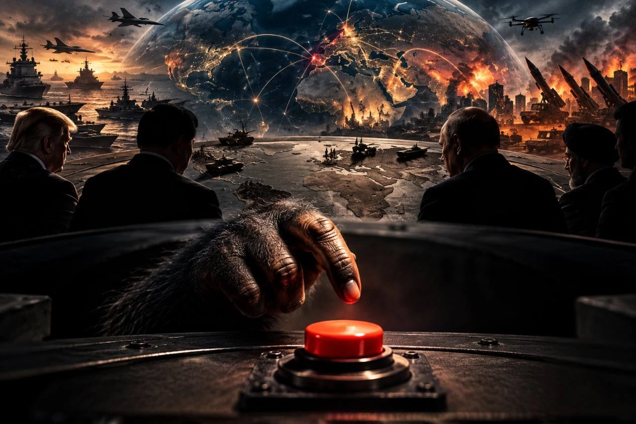 A primate’s hand hovers near a red button, with leaders gathered around a map and a globe surrounded by scenes of military conflict.
