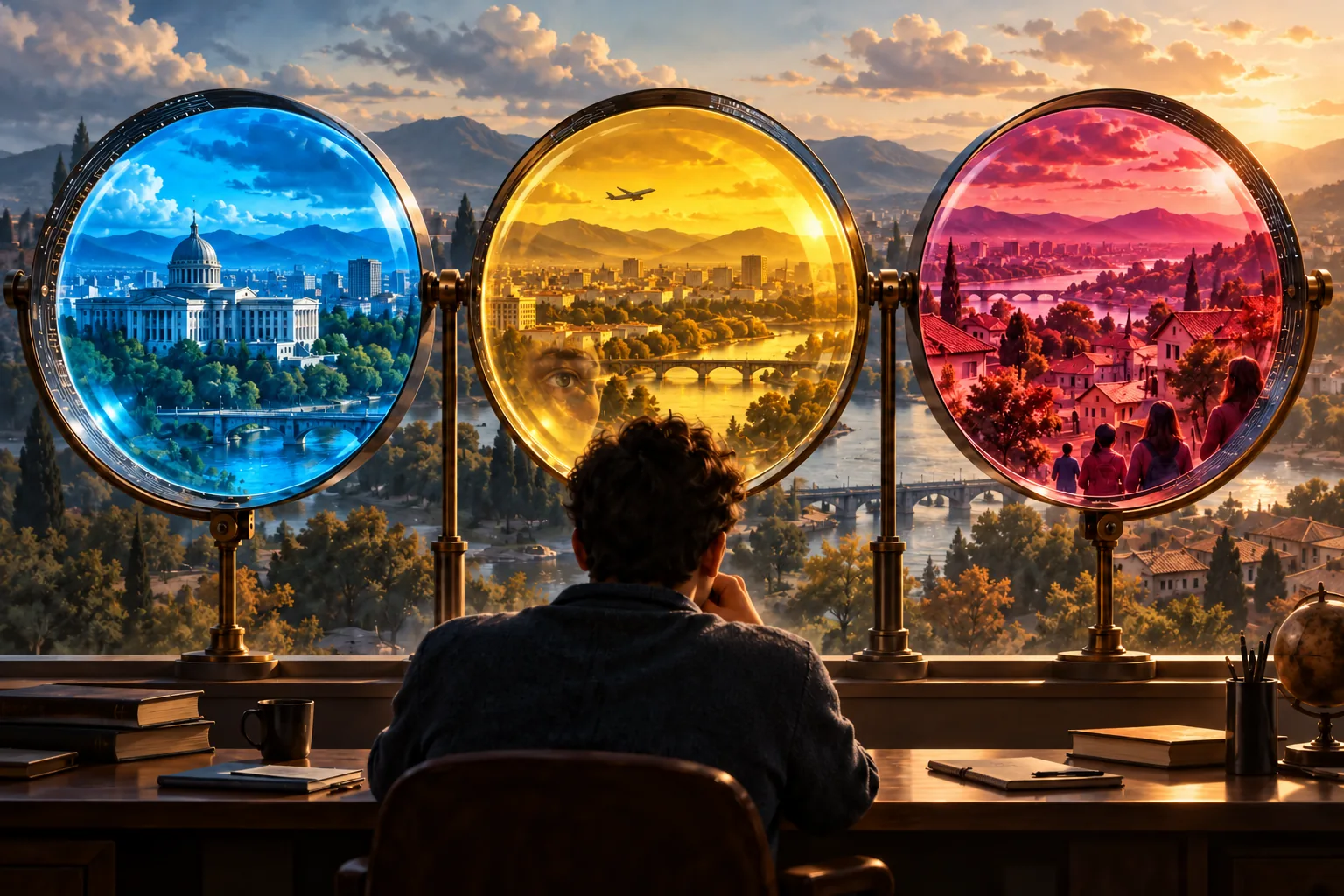 A person views a landscape through three lenses with blue, yellow, and red filters that emphasize different aspects of the same scene; an eye reflected in the glass also evokes the viewer’s own perspective.